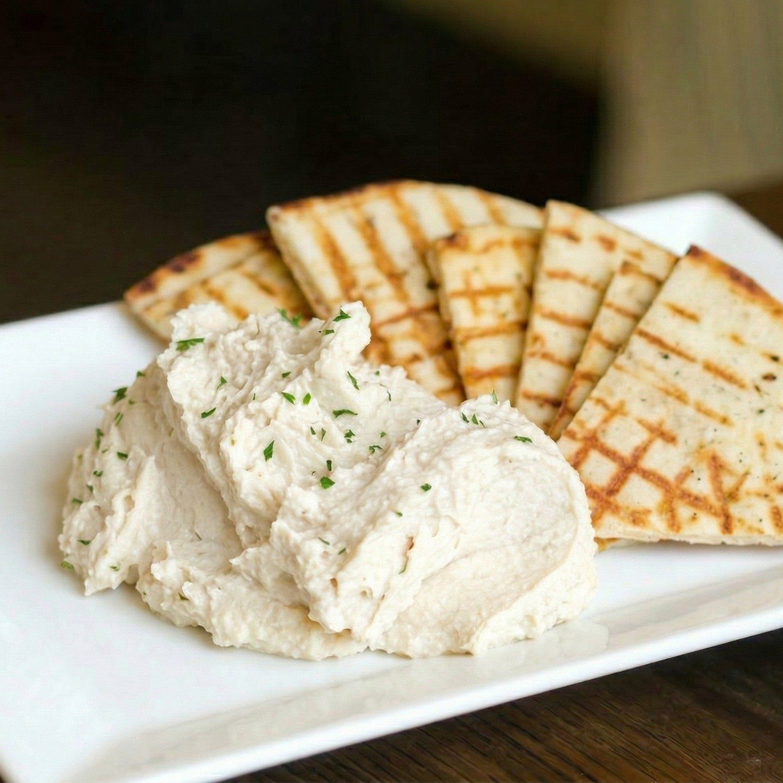 Homemade Hummus with Toasted Whole Wheat Pita.