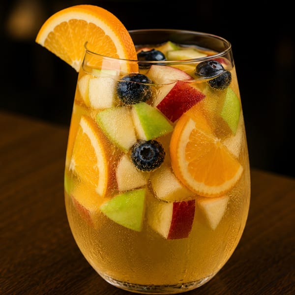 A refreshing glass of sangria filled with orange slices, blueberries, and diced apples.
