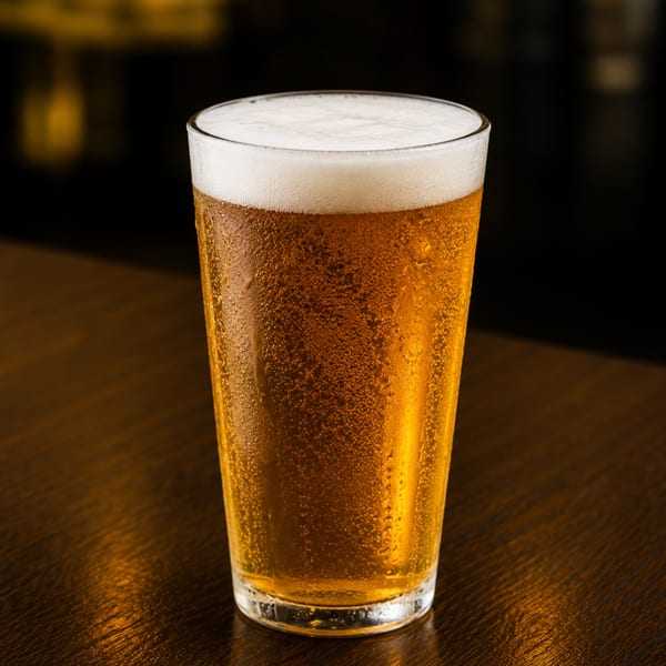 A cold glass of beer with a foamy head and condensation sits on a dark wooden table.