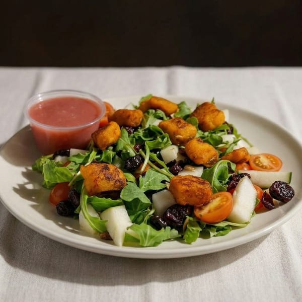 A fresh salad with crispy chicken nuggets, arugula, cherry tomatoes, and dried fruit.
