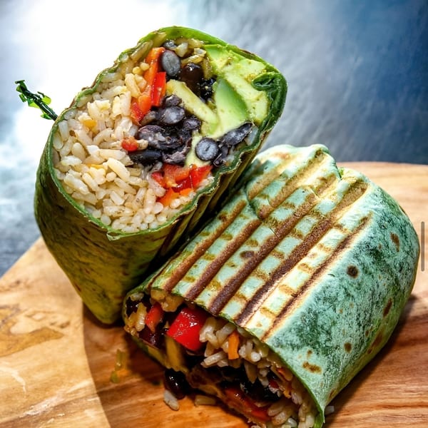 Two halves of a grilled green burrito filled with rice, black beans, red peppers, and avocado.
